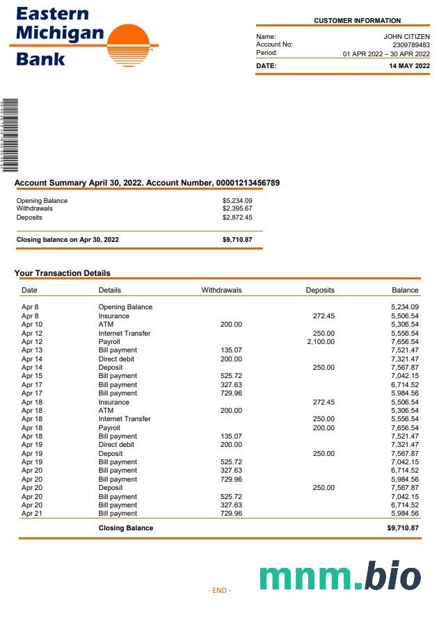 USA Eastern wyciąg bankowy szablon Worda i PDF w